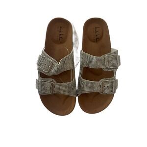NWT Nicole Miller New York Silver Rhinestone Double Strap Buckle Sandals SZ 6.5